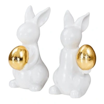 Abbildung von levandeo 2er Set Deko Hasen H14cm Weiß Gold Figur Ostern Aufsteller Osterhase Tischdeko Osterei