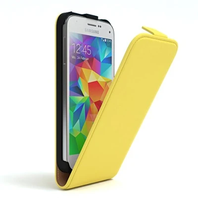 Abbildung von EAZY Case Hülle kompatibel mit Samsung Galaxy S5 Mini Flip Cover zum Aufklappen, Handyhülle aufklappbar, Schutzhülle, Flipcover, Flipcase, Flipstyle vertikal klappbar, aus Kunstleder, Gelb