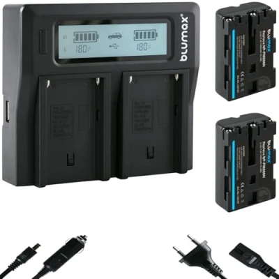 Abbildung von Blumax 2X Akku NP FM500H 1400mAh + Doppelladegerät FM 500H Dual Charger passend zu Sony Alpha A57 A58 A65 A65V A68 A77 A77V A99 II UVM 2 Akkus gleichzeitig Laden