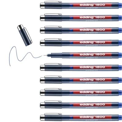 Abbildung von edding 1800 Präzisionsfeinschreiber blau 10 Stifte Linienbreite 0,25 mm Fineliner zum präzisen Schreiben und Skizzieren feine, metallgefasste Spitze Lineal schablonengeeignet
