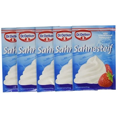 Abbildung von Dr. Oetker Sahnesteif, 5 x 8 g, Sahnestandmittel, Hilfsmittel zur Zubereitung von Schlagsahne, für festen Sahne Schaum, Sahnetorten &amp; Süßspeisen, vegan