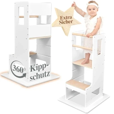 Abbildung von Kids Woody Star® Lernturm ab 1 Jahr [360 KIPPSCHUTZ] Höhenverstellbar Learning Tower Montessori Tritthocker Kinder Holz/Weiß Eckig