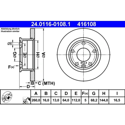 Abbildung von ATE 24.0116 0108.1 Bremsscheibe 260,0 16,0 5 112,0 voll beschichtet VOLKSWAGEN: TRANSPORTER 4 Kastenwagen, Bus