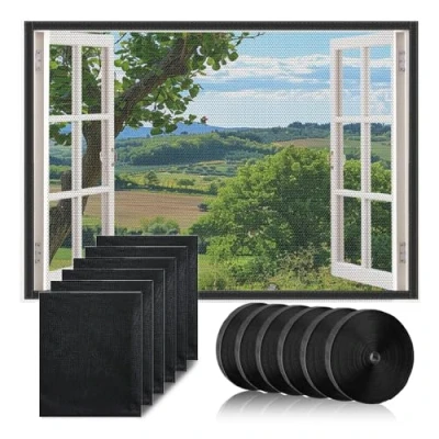 Abbildung von 6pcs Fliegengitter fenster, Zuschneidbar 130x150cm, Fliegennetz Insektenschutz Selbstklebend Fenster mit 6 Rollen Klebeband (Schwarz)