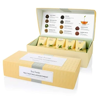 Abbildung von Probierset mit Verschiedenen Teesorten von Tea Forté, Kleine Präsentationsbox 10 Handgefertigten, Pyramidenförmigen Teebeuteln Schwarzem Tee, Weißem Grünem Tee und Kräutertee