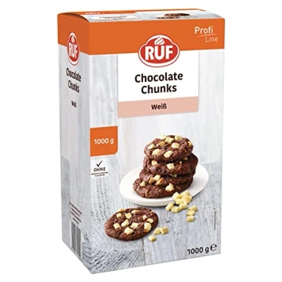 Abbildung von RUF White Chocolate Chunks, backfeste weiße Schokoladen Tropfen, XXL Schoko Drops zum Backen, Stücke, Chips, Vorratspackung 1x1000g