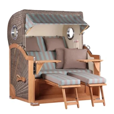 Abbildung von MR. DEKO® Strandkorb Baltikum 2,5 Sitzer Teak PE Geflecht Grey Volllieger Strandkörbe aus Teakholz mit 2 Bullaugen &amp; Fußablagen Polster 4 Kissen Strandstuhl (Dessin 520)
