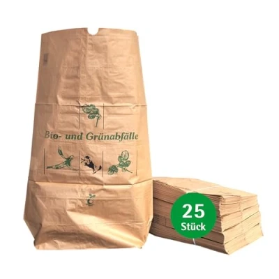 Abbildung von bioMat Kompostierbare 120l Papiersäcke für Grünschnitt, 25 Gartenabfälle, 2 lagig, Reißfest, Nassfest