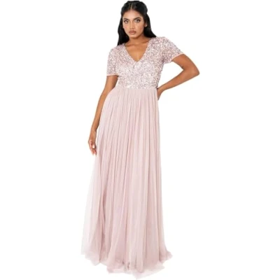 Abbildung von Maya Deluxe Damen Ballkleid Abendkleid V ausschnitt Maxi Länge Pailletten Kurze Ärmel Für Hochzeit Geburtstag Brautjungfer Bridesmaid Dress, Frosted Pink, 42 EU