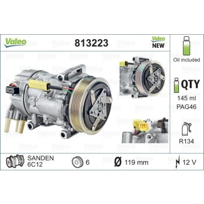 Abbildung von VALEO 813223 Kompressor 6C12 12 PAG 46 R 134a mit Kompressoröl NEW ORIGINAL PART PEUGEOT: 5008 I, 308 I Schrägheck, 508 SW, CITROËN: Berlingo II