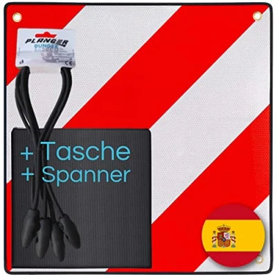 Abbildung von PLANGER® Warntafel Spanien (50 x 50 cm) + Tasche Spanner Reflektierendes Warnschild rot weiß für Heckträger u Fahrradträger