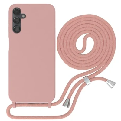 Abbildung von EAZY CASE Schutzhülle mit Handykette kompatibel Samsung Galaxy A14 5G Kameraschutz und Bildschirmschutz, TPU Silikon Bumper, in Kombi Alt Rosa Handyband Clips Silber