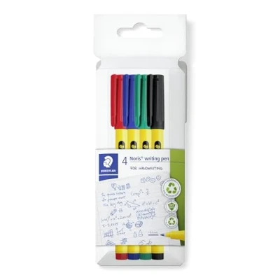 Abbildung von STAEDTLER Noris writing pen 307 Fineliner, Gehäuse aus 97% recyceltem Plastik gemäß ISO 14021, Kartonetui mit 4 Fineliner in sortierten Farben, C4