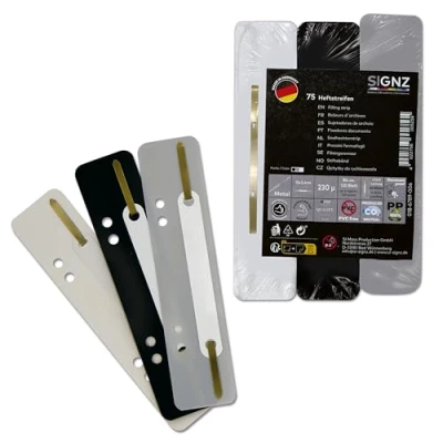 Abbildung von SIGNZ Heftstreifen Kunststoff (PP), 75 Stück, 25 x 3 Farben, recycelbarer CO2 neutral hergestellt, made in Germany (75 schwarz, grau, weiß)