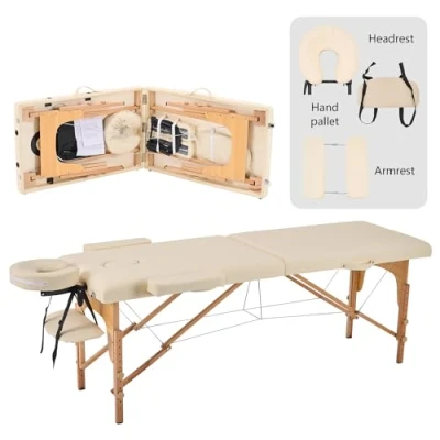 Abbildung von YOUNIKE Massageliege Klappbar 2 Zonen Massageliegen Massagetisch Höhenverstellbar Tattoo Massage Liege Portable Massagebank Mobile Bed Massagebett Creme 60cm Breit Therapieliege