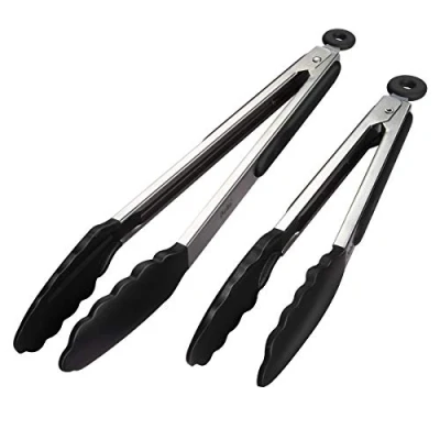 Abbildung von iNeibo Grillzange Küchenzange Zange Küche aus Rostfreim Edelstahl und Silikon Fleischzange Kochzange mit Hitzebeständigem Silikongriff 2er Set 30cm 23cm Schwarz