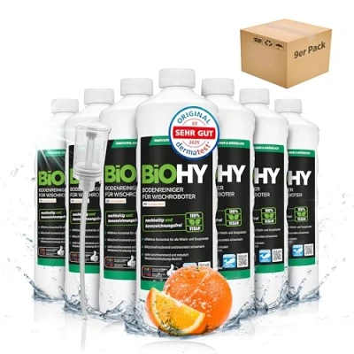 Abbildung von BiOHY Bodenreiniger für alle Wischroboter mit Orangenduft (9 x 1 Liter) + Dosierer Schaumarm &amp; Streifenfrei Reinigungsmittel Konzentrat Böden