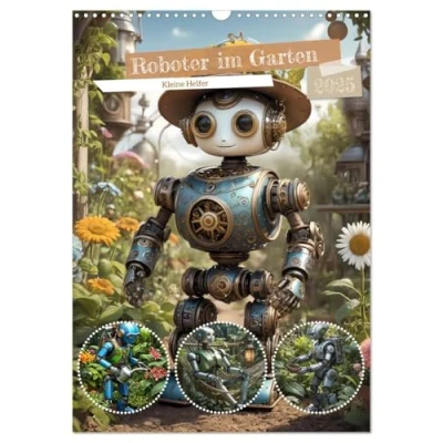 Abbildung von Roboter im Garten Kleine Helfer (Wandkalender 2025 DIN A3 hoch), CALVENDO Monatskalender