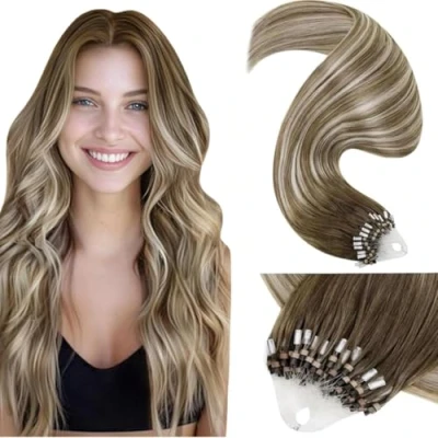 Abbildung von LaaVoo Microring Extensions Echthaar Braun Blond Mit Balayage Hellbraun Platinblond Ombre Microrings 55cm 50g 1g/s #8/60/8