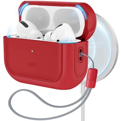 Abbildung von ESR für AirPods Pro 2 Hülle (2023/2022/2019) mit HaloLock, kompatibel 2./1. Generation, MagSafe Ready, USB C/Lightning Kabel, Hybrid Sturzschutz, Rot