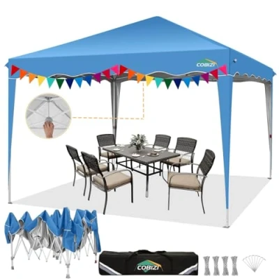 Abbildung von COBIZI Faltpavillon 3x3 Pop Up Pavillon Wasserdicht Stabil One Push UV Schutz Outdoor Partyzelt Wellige Traufe Festzelt Zelt Gartenpavillon Pavillion Klappbar 3x3m Mit Tragetasche, Blau