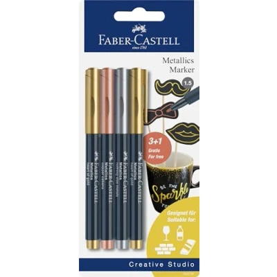 Abbildung von Faber Castell 160791 Metallics Marker Set, 4 Marker, 1,5 mm Strichstärke, für viele Oberflächen geeignet, mit Metalliceffekt