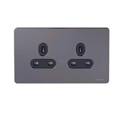 Abbildung von Schneider Electric Ultimate schraubenlose, ungeschaltete Doppelsteckdose mit flacher Platte, 13 A, GU3460BBN, Nickel schwarz schwarzem Einsatz