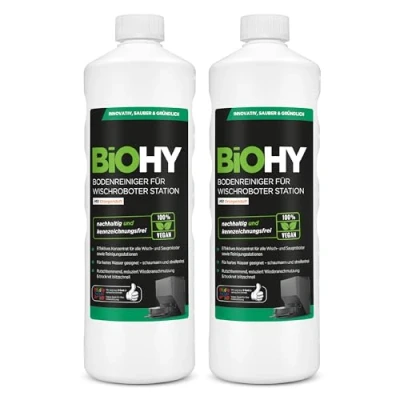 Abbildung von BiOHY Bodenreiniger Für Wischroboter Station mit Orangenduft (2 x 1 liter) Reinigungsmittel Konzentrat alle Wisch &amp; Saugroboter Nass Funktion Schaumarm Streifenfrei Böden