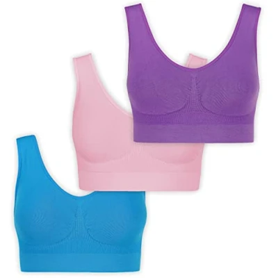 Abbildung von UnsichtBra Bustier Damen BH ohne Buegel 3er Set Wohlfühl Bustiers Tops Bügelloser Soft Bra Schlaf Still Sport Crop Top Büstier rosa, blau, lila (wellbra_roblali)(L)