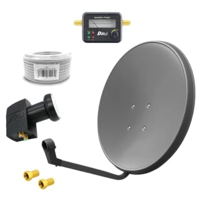 Abbildung von 60cm HD Sat Anlage Twin LNB + 15m Koaxialkabel 135dB Satfinder 2 F Stecker Digital Teilnehmer Antenne grau UHD 4K
