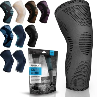 Abbildung von POWERLIX Kniebandage für Damen/Männer, Kompression Kniestütze Meniskusriss, Arthritis, Linddert Kniescherzen, ACL, Laufen, Gewichtheben, Basketball, Volleyball, Sport, Grau, L