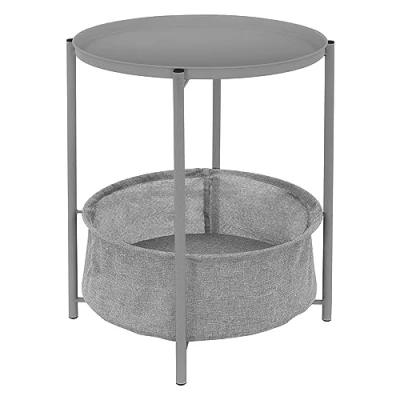 Abbildung von ML Design Beistelltisch rund Ø46 x H51 cm, Grau, aus Metall, Couchtisch mit Stoffkorb &amp; abnehmbarer Tablett, Sofatisch Korb als Stauraum, Modernes Design, Kleiner Tisch, Wohnzimmertisch Nachttisch