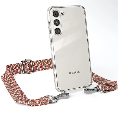 Abbildung von EAZY CASE Handykette Verstellbarer Handyriemen kompatibel mit Samsung Galaxy S23 Plus, Kette für Phone, dünner Riemen, Taschengurt Hülle, DIY Handyband, Blau/Rot Carabiner Silber