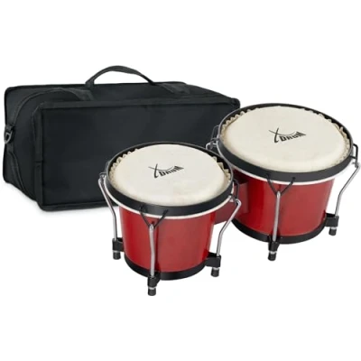 Abbildung von XDrum PERC Bongos Club Weinrot 2 Trommeln mit 6&quot; und 7&quot; Bongotrommeln stimmbaren Naturfellen Stimmschlüssel Holztrommeln Set inkl. gepolsterter Bongotasche aus Nylon