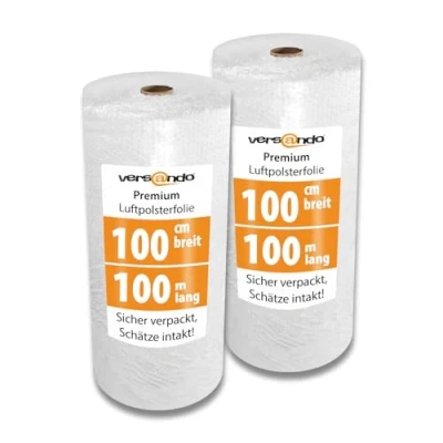 Abbildung von versando 2x Premium Luftpolsterfolie 100m x 1m für Versand, Verpackung, Umzug Noppenfolie Bubble Wrap LPF Rolle