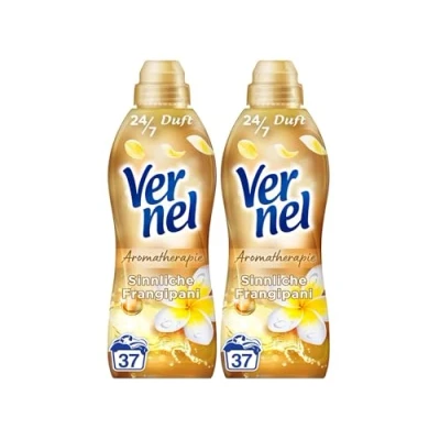 Abbildung von VERNEL Aromatherapie Sinnliche Frangipani Weichspüler 2x 37 WL (74 Waschladungen), langanhaltender Wäscheduft mit ätherischen Ölen für 24/7 Frische, recycelbare Flasche