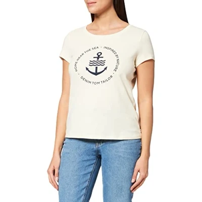 Abbildung von TOM TAILOR Denim Damen 1031478 Basic Logo T Shirt, 22517 soft Creme beige, M