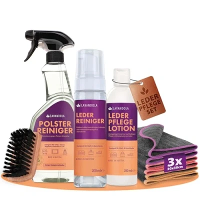 Abbildung von Lavandola Lederpflege Set 1x Leder Reiniger 200ml, Pflege Lotion Polsterreiniger 500ml, 3X Mikrofasertücher, Lederbürste Lederreiniger Auto, für Ledercouch