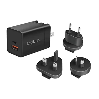 Abbildung von LogiLink GaN (Galliumnitrid) USB Schnelllade Reiseadapter 30 W, PD3.0 + QC3.0, mit Adaptern für USA, Kanada, Europa, Australien und vielen Anderen Ländern/Regionen