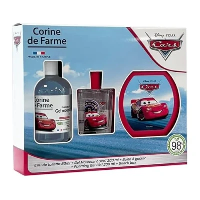Abbildung von Corine de Farme Cars Set mit Eau Toilette 50 ml, Schaumbad 300 ml und Brotdose Geschenk für Jungen Duft Kinder Blumenmoschus fruchtiges 3 in 1 Gel