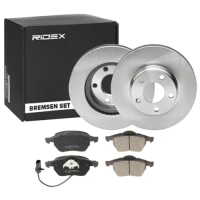 Abbildung von RIDEX 3405B0939 Bremsscheiben und beläge Vorderachse Belüftet inkl. Verschleißwarnkontakt AUDI: A4 B5 Limousine, Avant, B6/B7 Cabrio