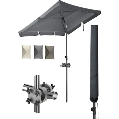 Abbildung von Menz Sonnenschirm Balkon 3 teiliges Komplettset, Anthrazit UPF 50+ rechteckig 200 x 125 cm + robuster Sonnenschirmhalter Balkongeländer Sonnenschirmhülle, Sonnenschutz