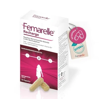 Abbildung von Femarelle Recharge Hormonfreie Kapseln zur Unterstützung des hormonellen Gleichgewichts in den Wechseljahren. Mit DT56a, Leinsamen Extrakt* und Vitamin B6*