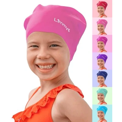 Abbildung von Limmys Premium Badekappe Kinder, badehaube Kinder Langes und kurzes Haar Schwimmkappe für Mädchen Jungen Hochwertige Qualität, Dehnbare &amp; Bequeme (L, Rosa)