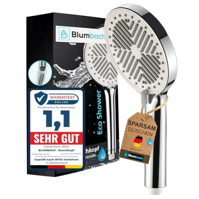 Abbildung von Blumbach Handbrause Duschkopf Eco Shower, (3 Strahlarten, sehr wassersparend Wasserverbrauch nur 6 9 Liter/min), mit Antikalk Noppen leicht zu Montieren ohne Werkzeug