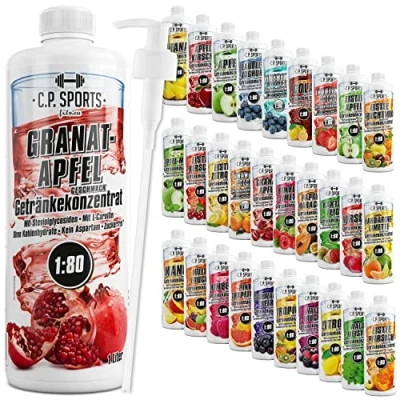 Abbildung von C.P. Sports Getränkesirup für Mineraldrink I Sirup zuckerfrei Vital Drink GRANATAPFEL mit Vitaminen Getränkekonzentrat zum Mischen Wasser Sport Getränk 1 Liter + Pumpspender