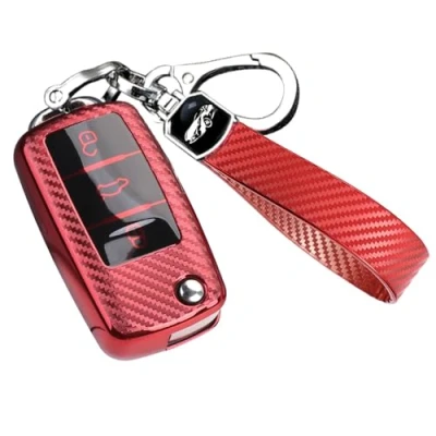 Abbildung von RXXR Autoschlüssel Hülle Kompatibel für VW, VW Golf Schlüsselbox, Schlüsselhülle Cover Polo Passat Skoda Seat 3 Tasten (Kohlefaser Muster Rot)