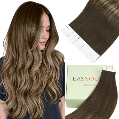 Abbildung von Easyouth Tape on Extensions Echthaar Glue in Haar Farbe Dunkelste Braune Mischung Mittelbraun und Aschblond 35 cm 40g Remy #2/6/18