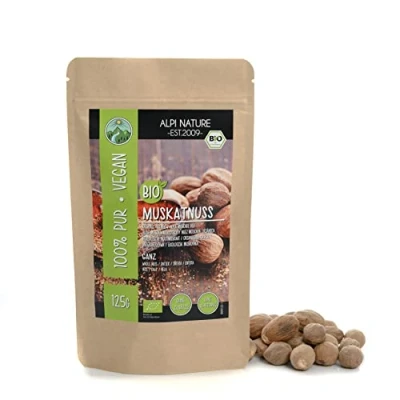 Abbildung von Bio Muskatnuss ganz (125g), Muskatnüsse ganz, ganze Nutmegs aus kontrolliert biologischem Anbau, Muskat Nuss laborgeprüft, 100% rein und naturbelassen