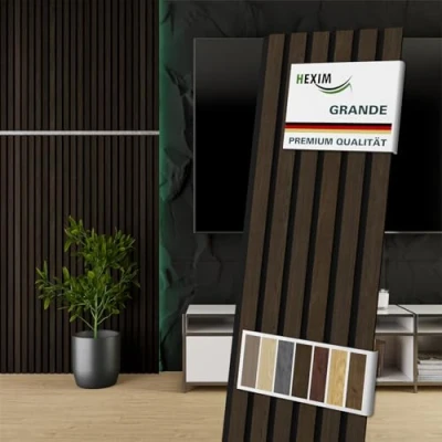 Abbildung von HEXIM Akustikpaneele Holz 140x30cm Grande 8er Set (3,355m²) Holzpaneele Wandpaneele 21mm Schalldämmung MDF Akustikfilz Wandverkleidung Dunkelbraun Dark Smoked Oak
